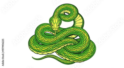 A green snake coils around itself in a natural setting.
