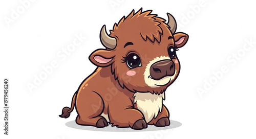 Cute cartoon baby bison sitting down.