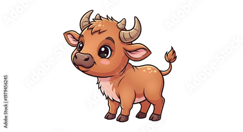 Cute Cartoon Baby Bull Standing Isolated White Background.