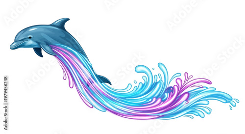 A dolphin swims through colorful waves in the ocean with vibrant pink and blue hues.