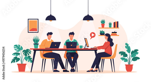 Team of business professionals working together on laptops at a long table in a modern office with green plants.