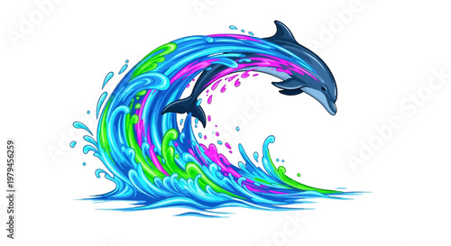 Dolphins jump out of colorful ocean wave in natural scenery