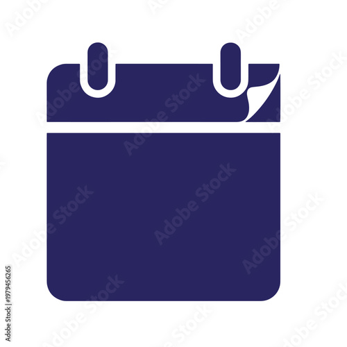 Dark blue flat of a wall calendar with a curled right corner, featuring two rounded binding loops on a white background