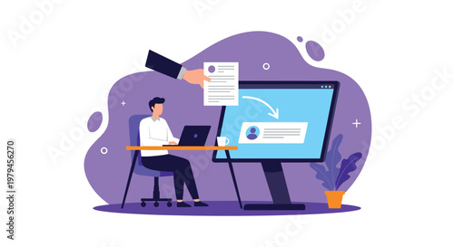 Man working on a laptop while a hand provides a resume document into a larger computer screen for an online job application.