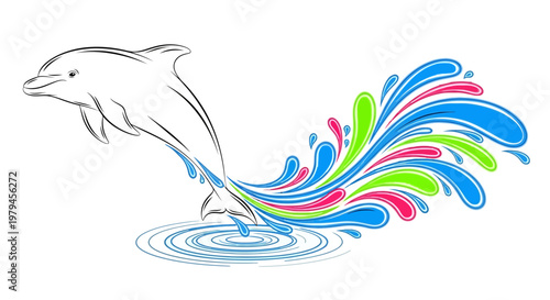 A dolphin jumps out of colorful water in a playful scene
