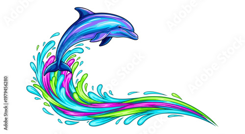 A dolphin jumps out of colorful waves in the ocean with a splash.