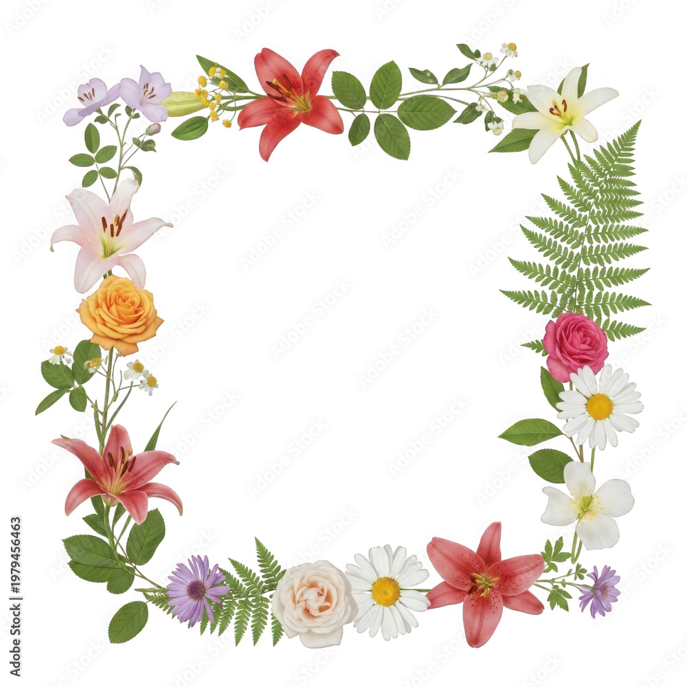 Fototapeta premium Floral wreath with colorful spring flowers and greenery isolated on transparent background