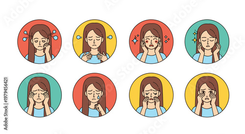 Collection of eight icons showing a woman experiencing various facial skin issues like acne wrinkles and redness for skincare.
