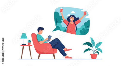 Man sitting in an armchair using a tablet while imagining a happy memory of a woman traveling in a tropical landscape.