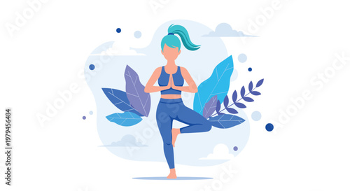 Young woman with blue hair practicing tree yoga pose for health wellness and balance in a flat illustration style.