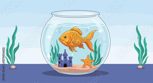 Golden fish swimming in a round glass bowl with a blue castle and orange starfish on a peaceful blue background.