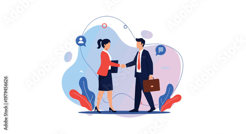 Business partners shaking hands in a successful agreement surrounded by communication icons and abstract shapes.