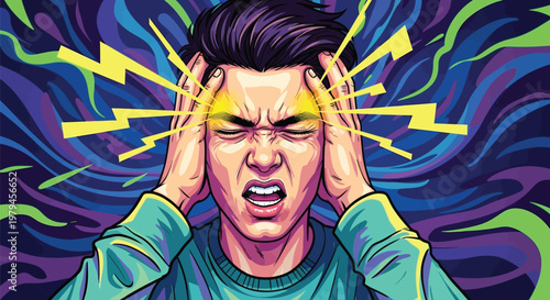 Stress, Frustration, Headache. Angry Man with Migraine, Vector Illustration