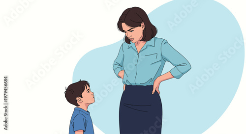 Strict mother standing with hands on her hips while talking to a young boy about his behavior or daily discipline.