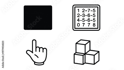 Iconic Design Elements: A collection of minimalist graphic elements arranged for diverse uses, featuring a solid square, a hand icon, a numerical arrangement, and a stack of cubes.