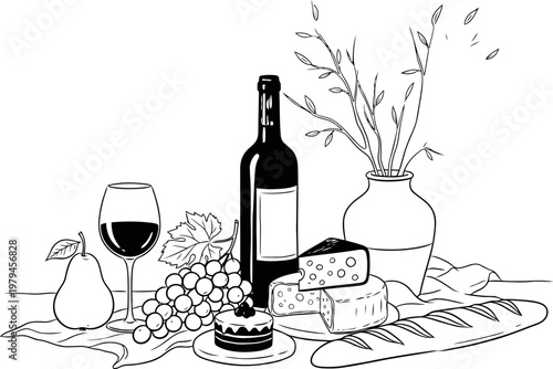 A classic still life illustration featuring wine bottle, grapes, cheese, bread, and a pear fruit.