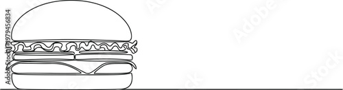 A single continuous line drawing of a delicious hamburger isolated on a clean white background