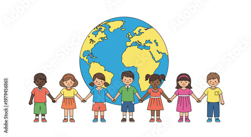 Diverse group of young children holding hands in front of a globe to represent worldwide peace and global unity.