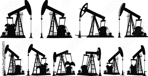 Set of oil pump jack silhouettes for industrial petroleum drilling and energy production, cad drawing flat vector illustration, isolated on white background.