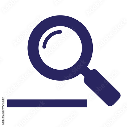 Dark blue magnifying glass with a curved highlight, positioned above a horizontal rectangular bar, isolated on a white background