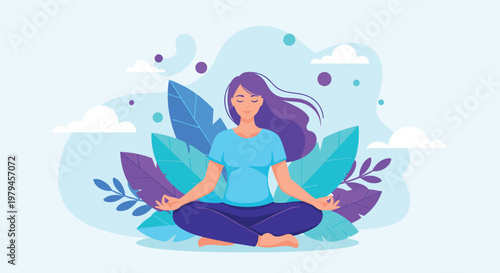 Young woman practicing yoga in lotus position surrounded by large colorful leaves and soft clouds on a light blue background.
