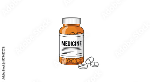 Plastic medicine bottle with label and scattered white pills on a white background for healthcare and pharmacy.