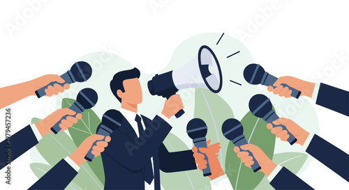 Ambitious politician speaking through a megaphone while being interviewed by reporters with many microphones.