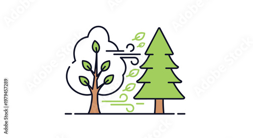 Simple color icon of trees with wind blowing leaves to represent the autumn season and changing nature scenes.