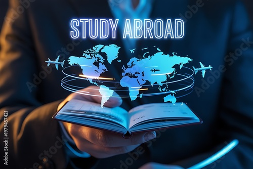 A person holding an open book with a glowing world map and airplanes emerging from it, symbolizing study abroad opportunities.