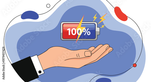Human hand holding a battery icon showing one hundred percent charge and energy level with lightning bolts.
