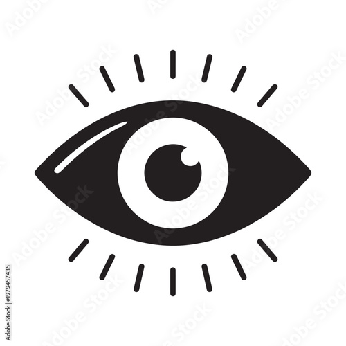 Stylized black and white illustration of a single human eye with radiating lines
