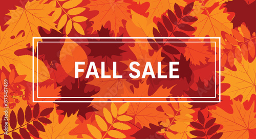 Beautiful autumn background with many overlapping colorful fall leaves and a central frame for your sale text.