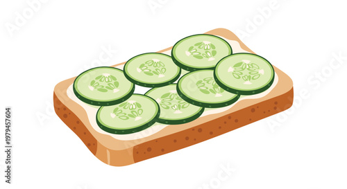 Delicious open-faced sandwich shows slices of fresh cucumber arranged neatly on a piece of toasted bread with spread.