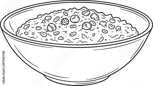 A simple black and white line drawing of a bowl filled with a healthy portion of warm oatmeal