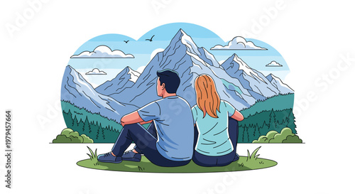 Adventurous couple sits on a grassy hill while looking at majestic snow-capped mountain peaks under a cloudy sky.