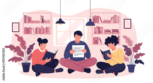 Group of young students sit comfortably on the floor while reading books and studying in a cozy home library room.