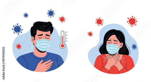 Ill young man and woman wearing protective masks exhibit symptoms of sickness like fever and persistent coughing.