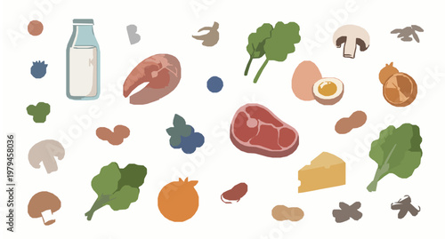 Assorted vitamin B7 biotin foods with fish meat dairy fruits and vegetables dynamic flat vector illustration