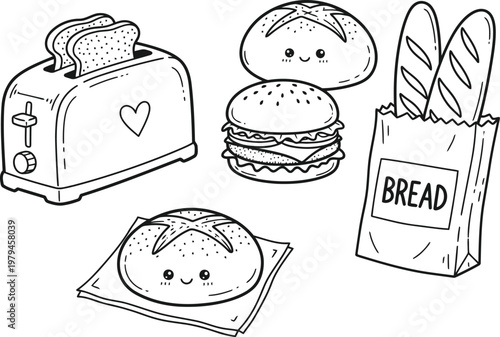 A black and white coloring page illustration featuring a cute toaster and assorted bread items
