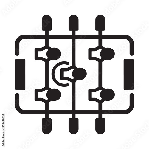 A simple foosball table illustration with players and goal posts depicted