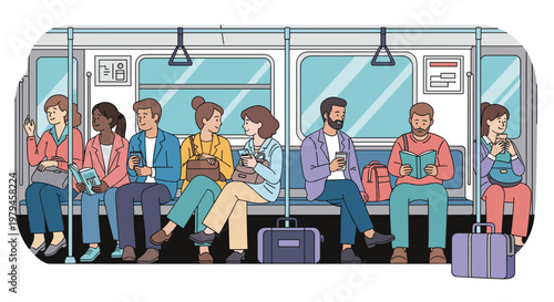 Group of diverse passengers sits inside a subway train car while reading, using phones, and drinking coffee daily.