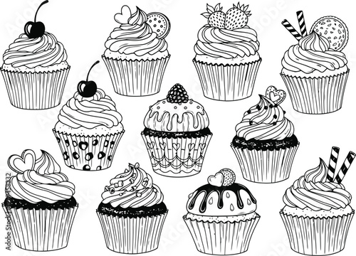 A collection of hand drawn illustration sketches featuring various decorated sweet cupcakes set
