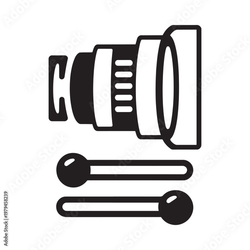 A black and white illustration of a camera lens with attached handles
