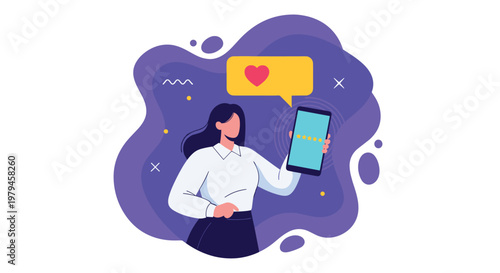 Young woman holds up her smartphone displaying a heart notification against a colorful purple abstract background.