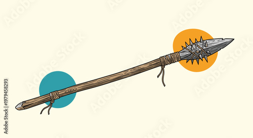 Ancient primitive weapon illustration shows a hand-crafted spear with a spiked stone head secured by rope bindings.