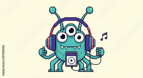 Quirky three-eyed monster listens to upbeat music through large headphones while giving a thumbs up sign joyfully.