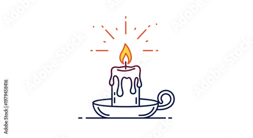 Traditional lit candle sits in a simple metal holder while producing a warm glow and dripping wax in a dark room.