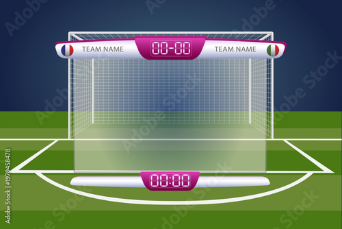 Football team scoreboard. Football or soccer cup players statistics table board on football goals background design.