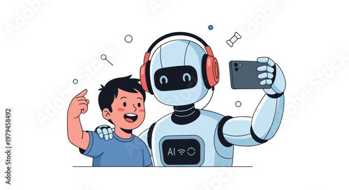 Friendly humanoid robot takes a fun selfie with a happy young boy using a smartphone in a high-tech environment.