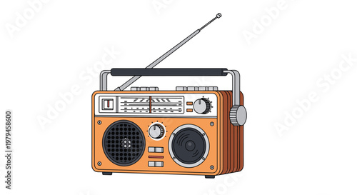 Vintage portable radio features a classic wooden design with an antenna and manual tuning knobs for music listening.
